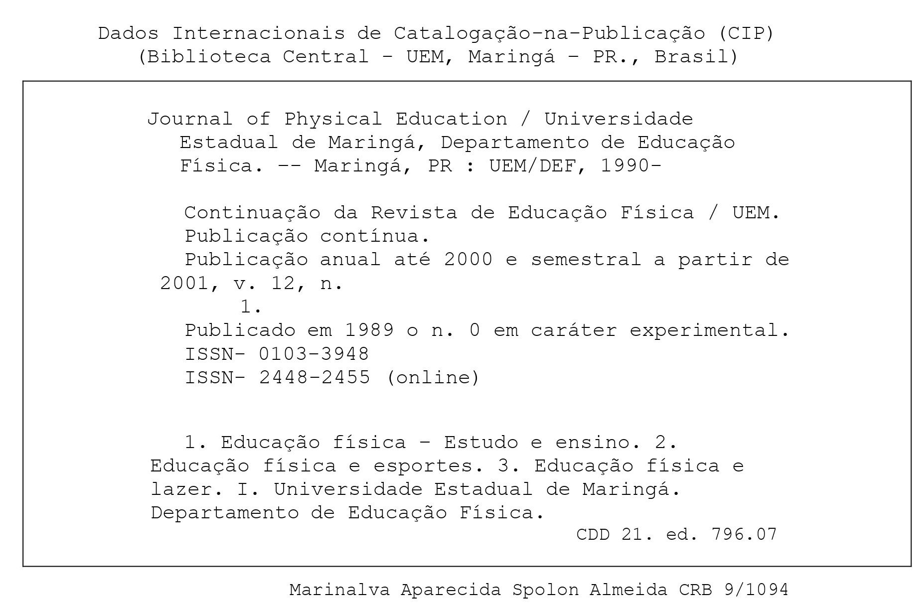 Ficha catalográfica do Journal of Physical Education (Maringá)